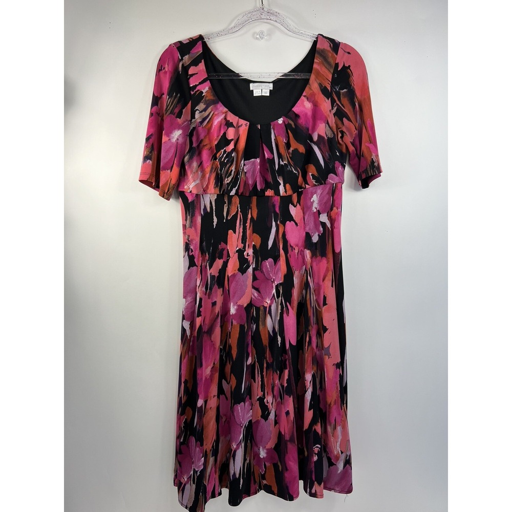 London Times Dress Women's Size 10 Pink Multicolor Short Sleeve Pleated Neckline